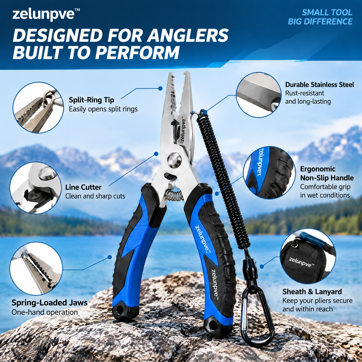 zelunpve™ 7-Inch Fishing Pliers, Split-Ring Tip, Line Cutter & Spring-Loaded Jaws with Sheath and Lanyard