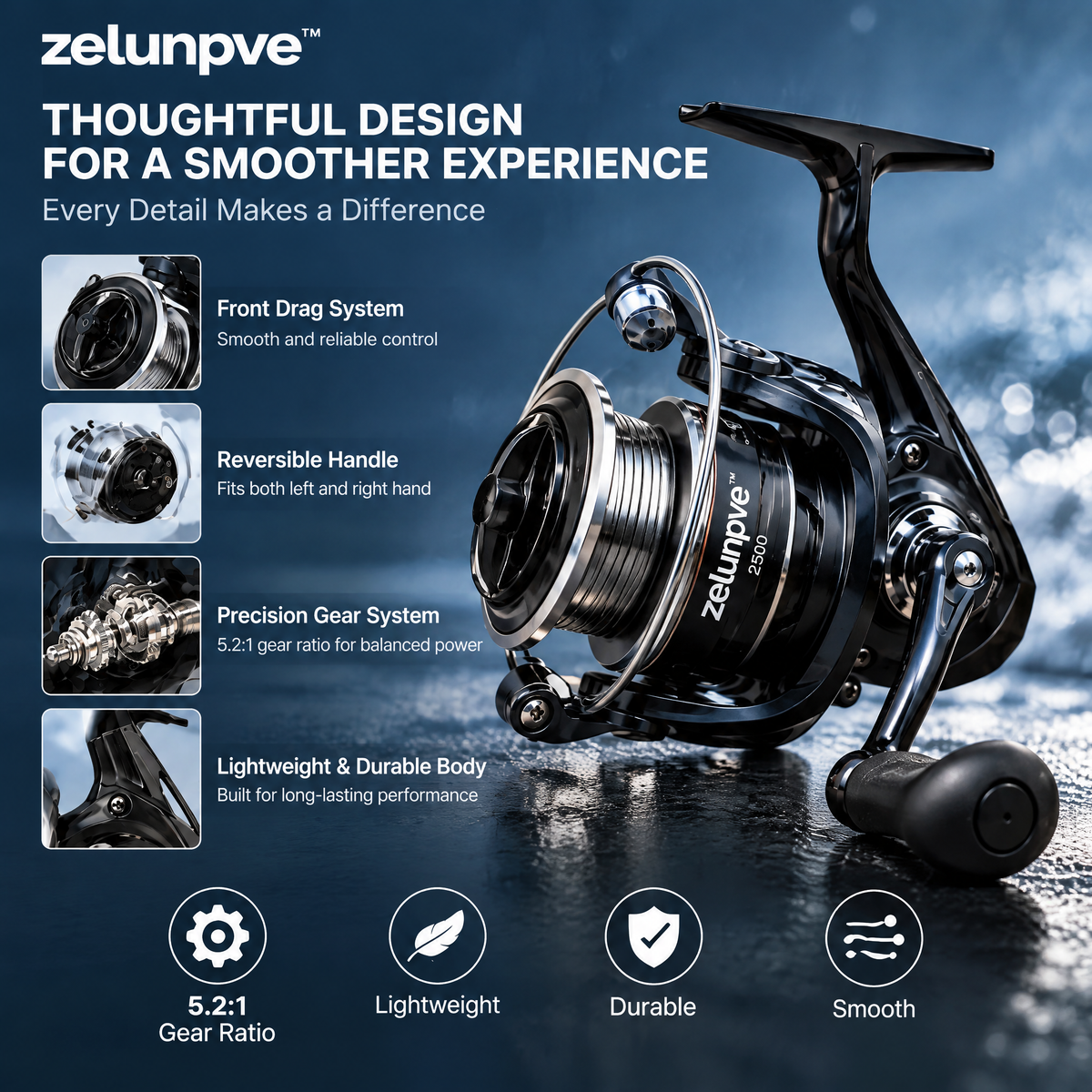 zelunpve™ 2500 Spinning Fishing Reel, 5.2:1 Gear Ratio, Front Drag & Reversible Handle for Freshwater Fishing