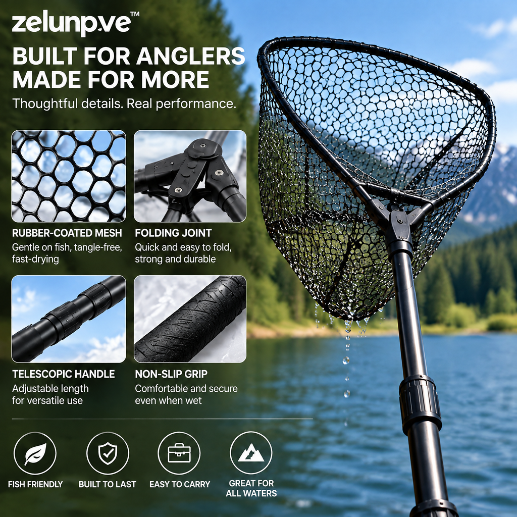 zelunpve™ Folding Telescopic Fishing Landing Net, Rubber-Coated Mesh with 16 × 14-Inch Hoop