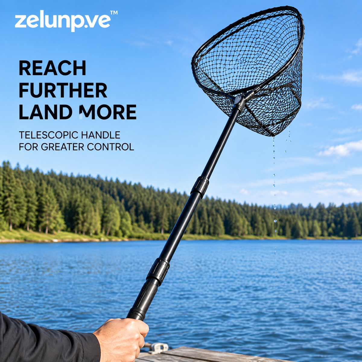 zelunpve™ Folding Telescopic Fishing Landing Net, Rubber-Coated Mesh with 16 × 14-Inch Hoop