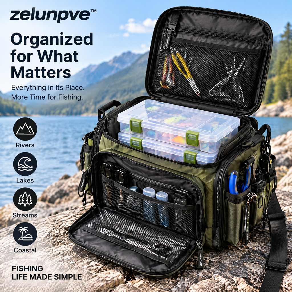 zelunpve™ Compact Fishing Tackle Shoulder Bag, Two Utility Boxes Included, Adjustable Strap & Tool Pockets