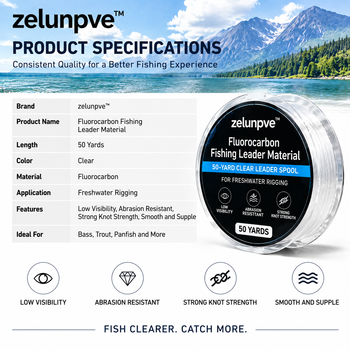 zelunpve™ Fluorocarbon Fishing Leader Material, 50-Yard Clear Leader Spool for Freshwater Rigging