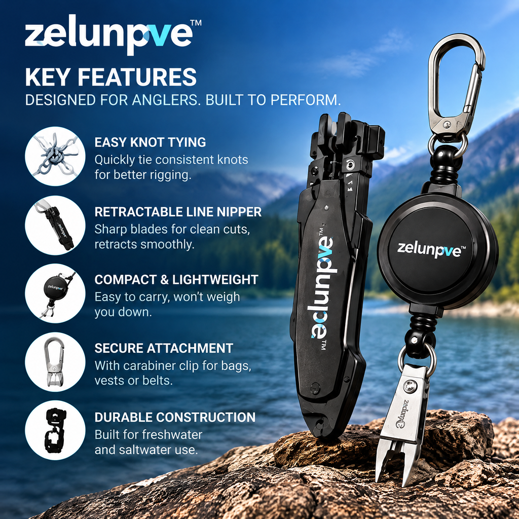 zelunpve™ Fishing Knot-Tying Tool & Retractable Line Nipper Set, Compact Rigging Accessories with Attachment Clip