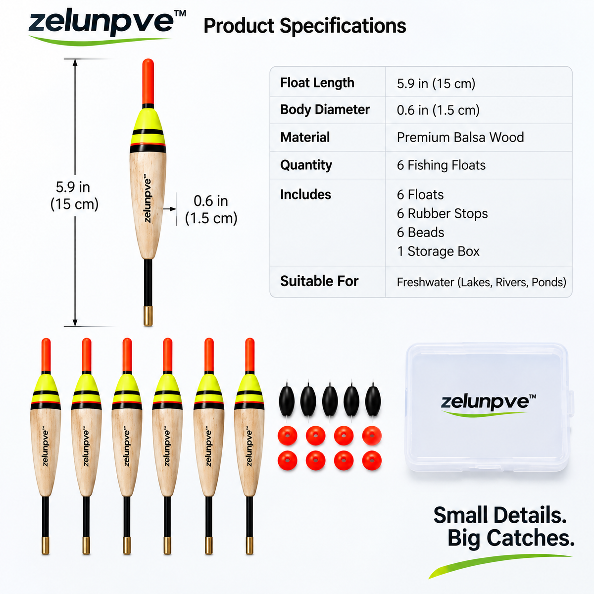 zelunpve™ 6-Pack Slip Fishing Floats, Balsa Bobber Set with Stops & Beads for Freshwater Float Rigs
