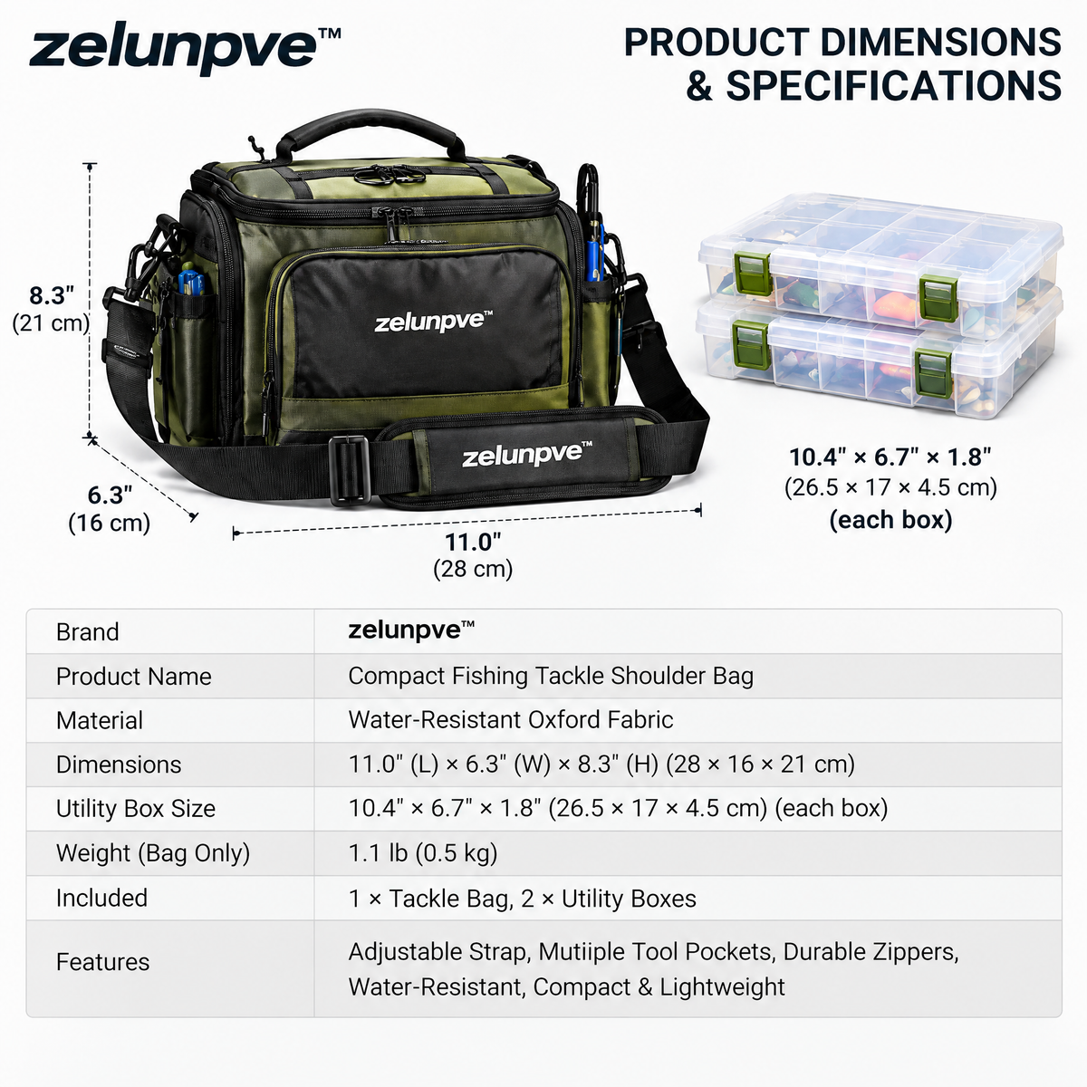 zelunpve™ Compact Fishing Tackle Shoulder Bag, Two Utility Boxes Included, Adjustable Strap & Tool Pockets
