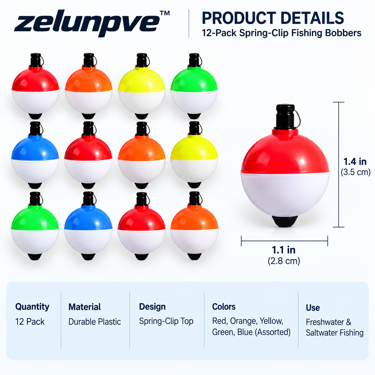 zelunpve™ 12-Pack Spring-Clip Fishing Bobbers, Assorted Round Floats with Split-Color Tops
