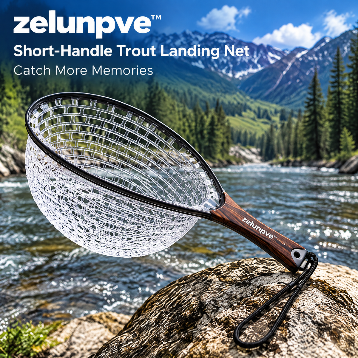 zelunpve™ Short-Handle Trout Landing Net, Clear Rubber Basket with 15 × 11-Inch Hoop & Wrist Strap