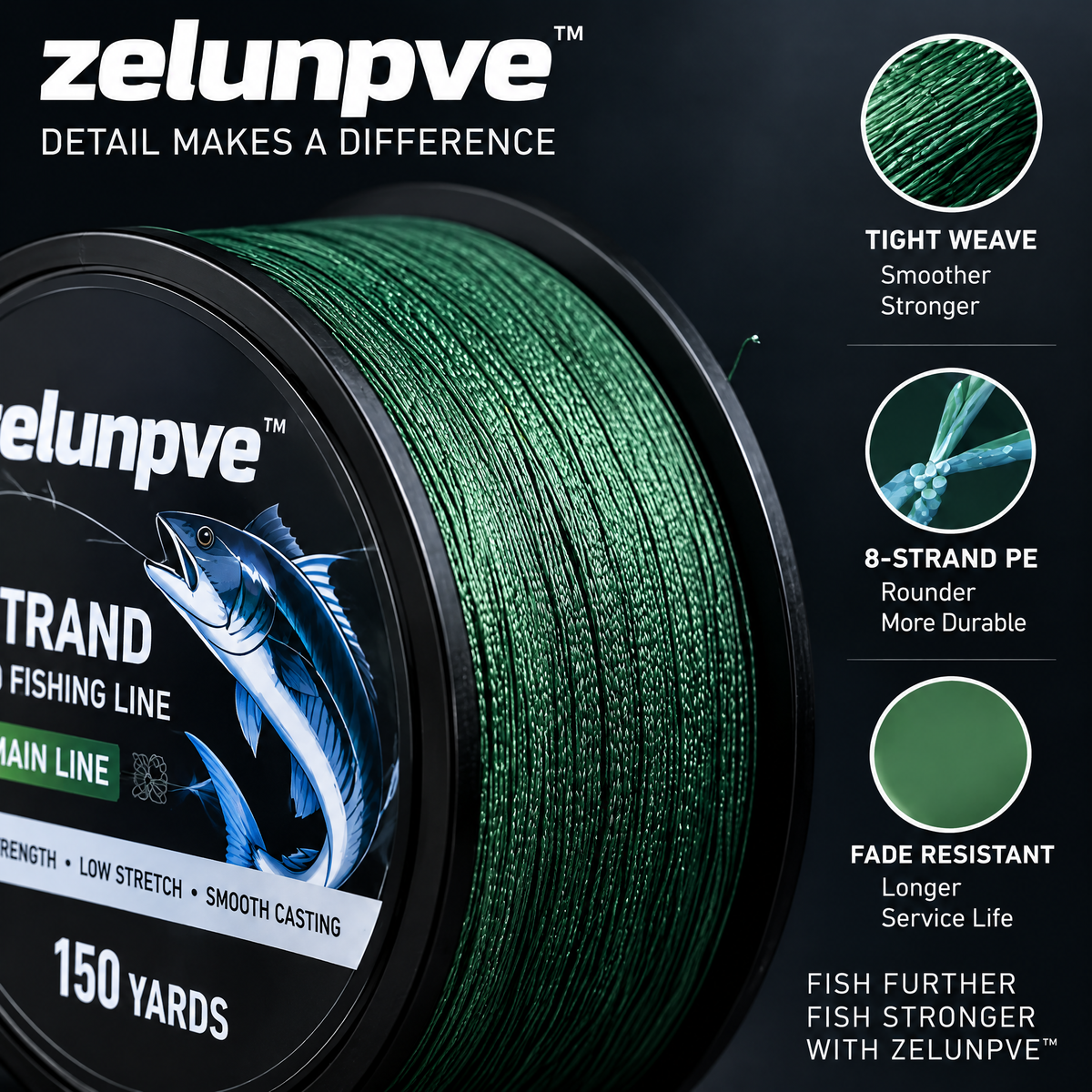 zelunpve™ 8-Strand Braided Fishing Line, 150-Yard Spool, PE Main Line for Spinning & Casting Reels