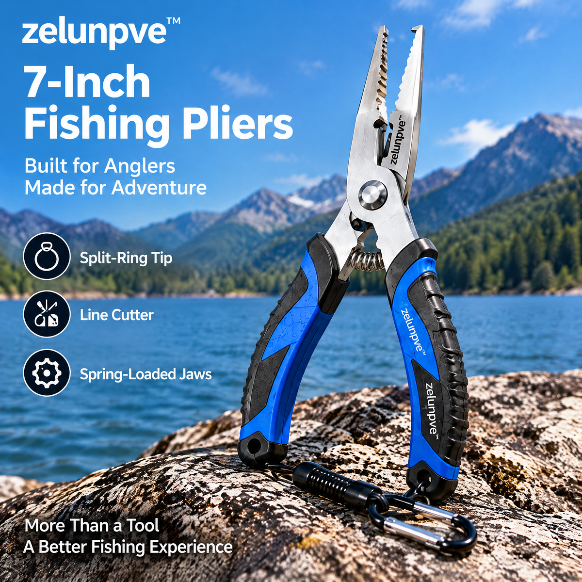 zelunpve™ 7-Inch Fishing Pliers, Split-Ring Tip, Line Cutter & Spring-Loaded Jaws with Sheath and Lanyard