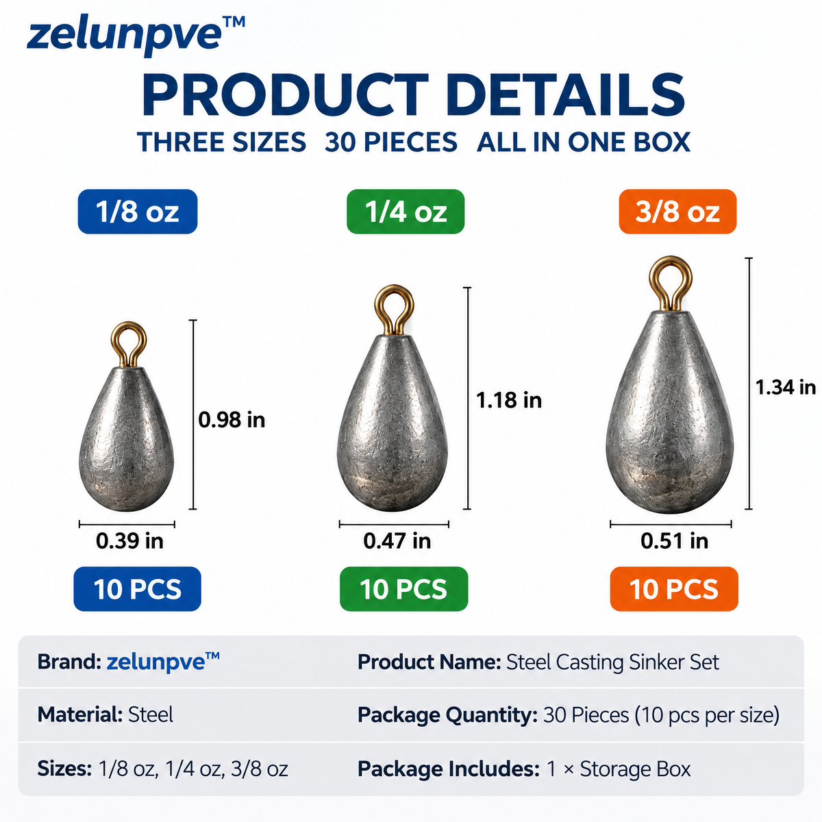 zelunpve™ 30-Piece Steel Casting Sinker Set, 1/8-Ounce, 1/4-Ounce & 3/8-Ounce Fishing Weights with Storage Box