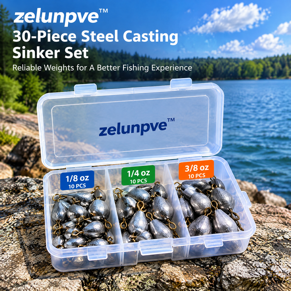 zelunpve™ 30-Piece Steel Casting Sinker Set, 1/8-Ounce, 1/4-Ounce & 3/8-Ounce Fishing Weights with Storage Box