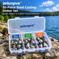 zelunpve™ 30-Piece Steel Casting Sinker Set, 1/8-Ounce, 1/4-Ounce & 3/8-Ounce Fishing Weights with Storage Box