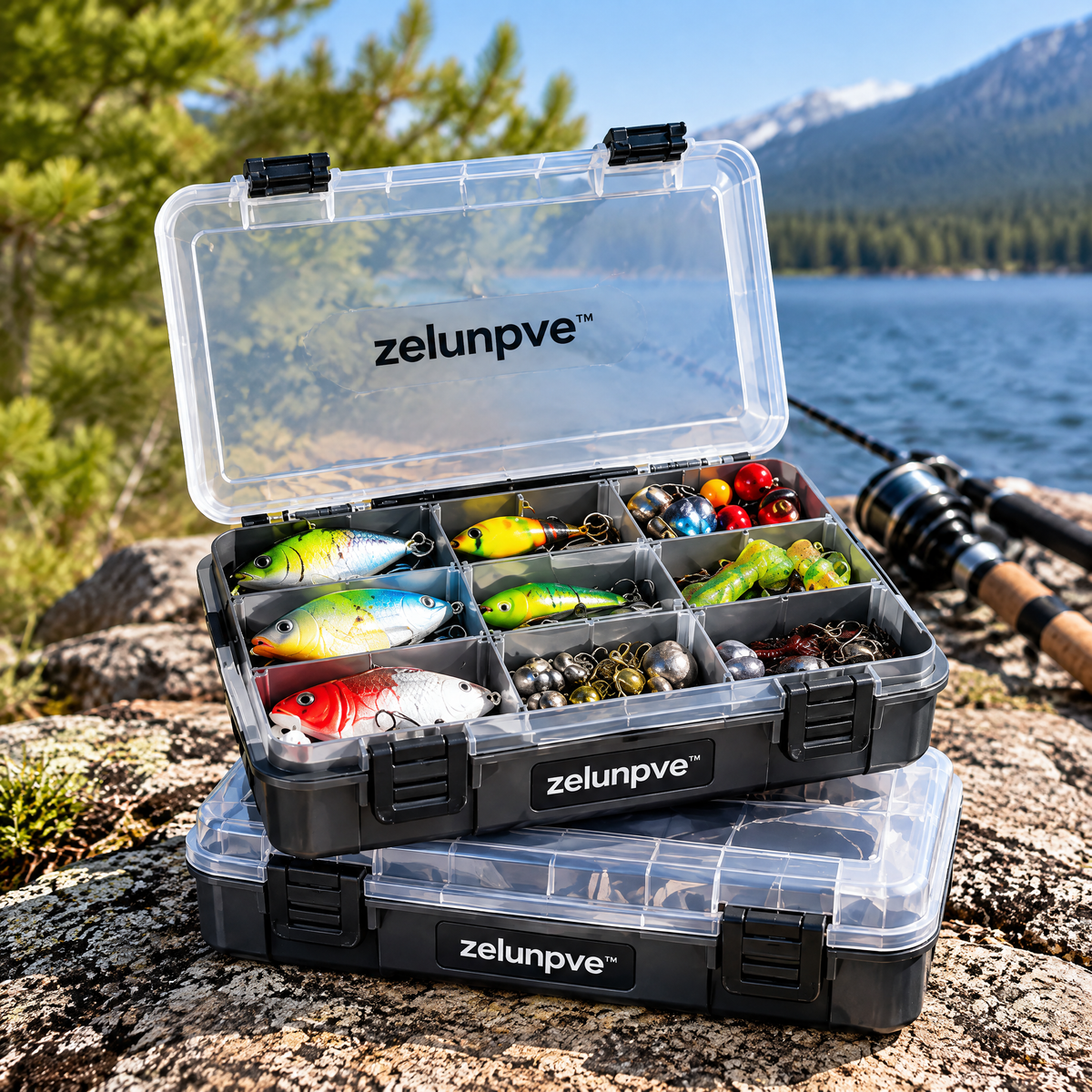zelunpve™ Adjustable Fishing Tackle Boxes, 2-Pack Utility Organizers with Removable Dividers & Clear Lids