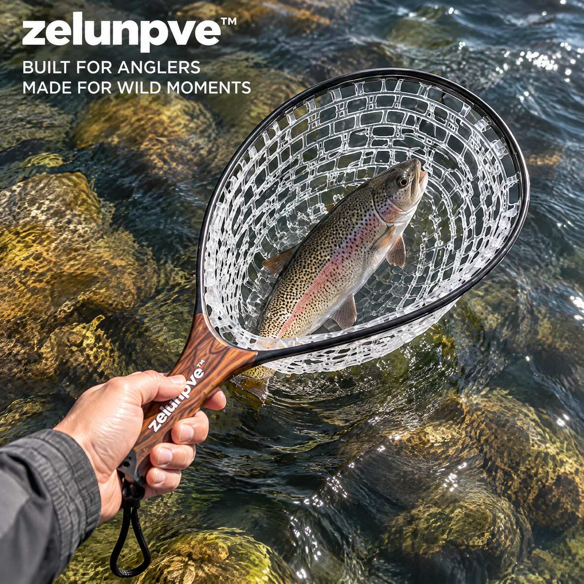 zelunpve™ Short-Handle Trout Landing Net, Clear Rubber Basket with 15 × 11-Inch Hoop & Wrist Strap