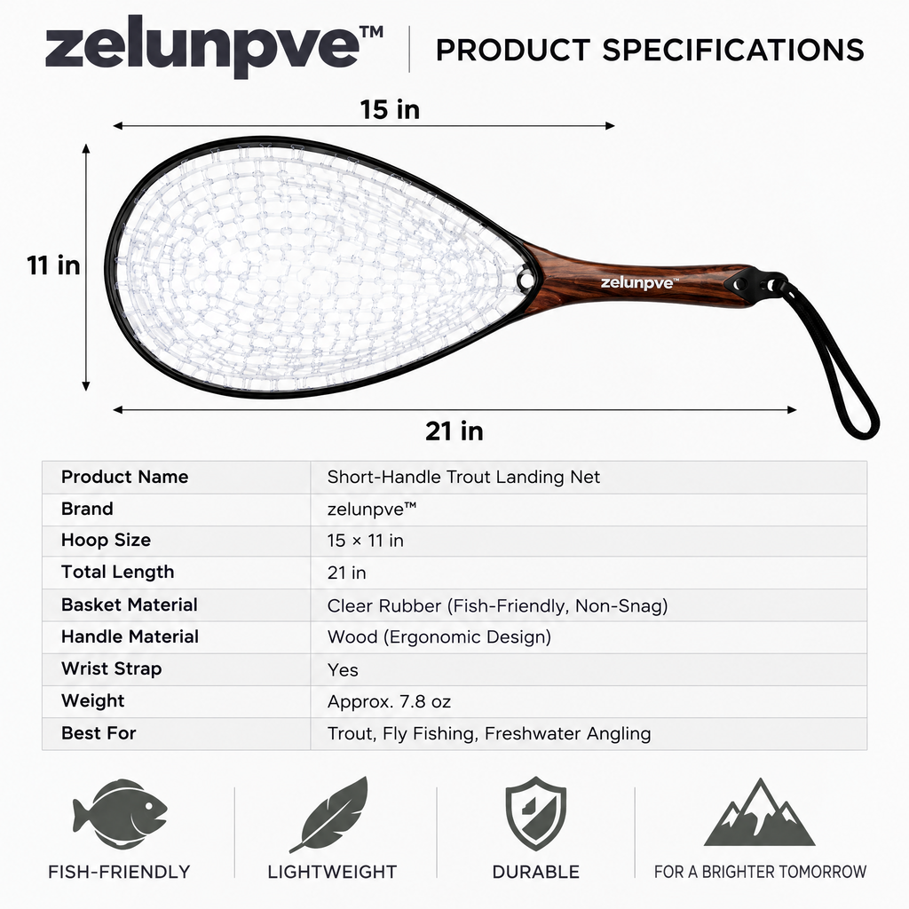 zelunpve™ Short-Handle Trout Landing Net, Clear Rubber Basket with 15 × 11-Inch Hoop & Wrist Strap