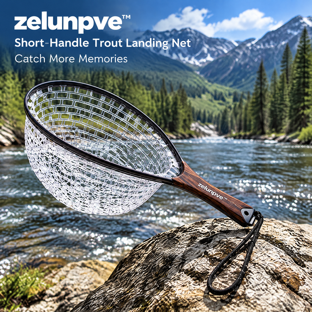 zelunpve™ Short-Handle Trout Landing Net, Clear Rubber Basket with 15 × 11-Inch Hoop & Wrist Strap