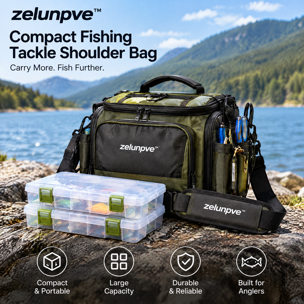 zelunpve™ Compact Fishing Tackle Shoulder Bag, Two Utility Boxes Included, Adjustable Strap & Tool Pockets
