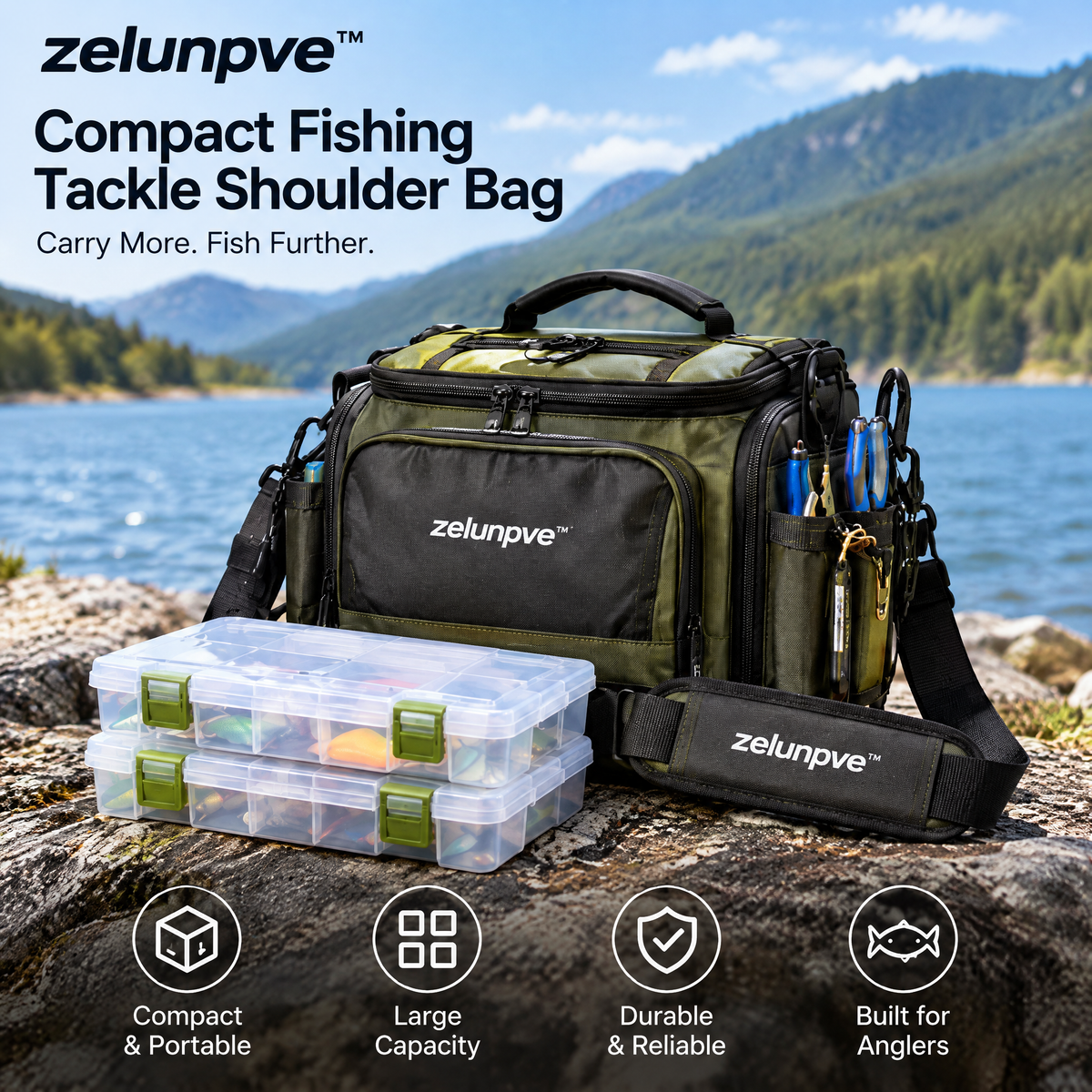 zelunpve™ Compact Fishing Tackle Shoulder Bag, Two Utility Boxes Included, Adjustable Strap & Tool Pockets