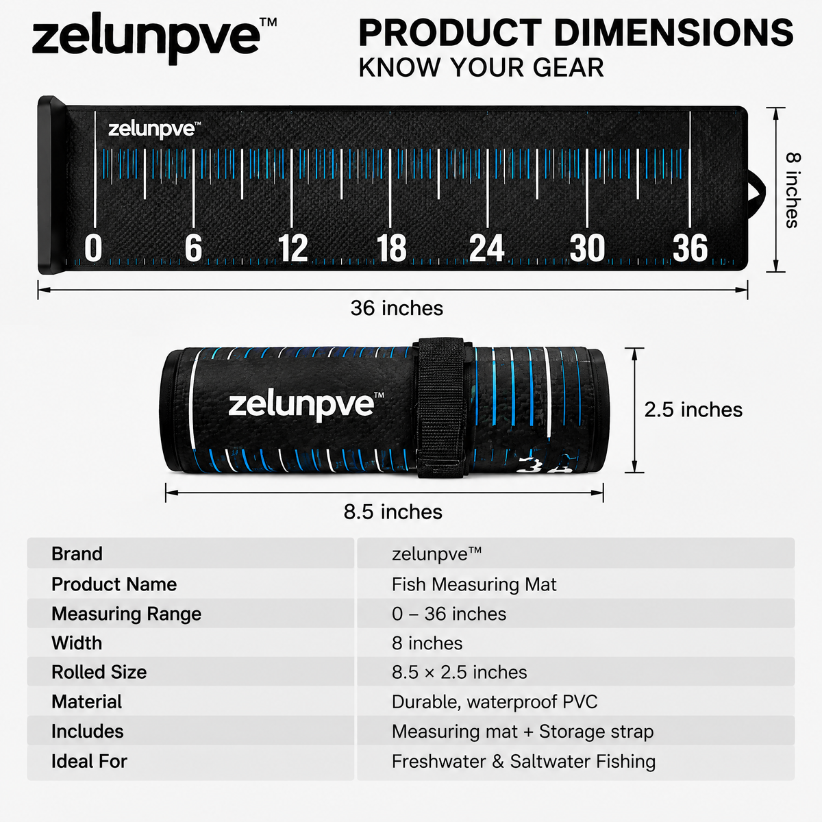 zelunpve™ Fish Measuring Mat, 36-Inch Roll-Up Length Ruler with Raised End Stop & Storage Strap