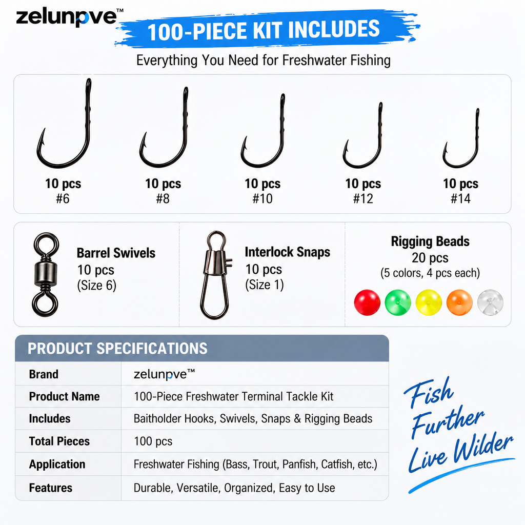 zelunpve™ 100-Piece Freshwater Terminal Tackle Kit, Baitholder Hooks, Swivels, Snaps & Rigging Beads