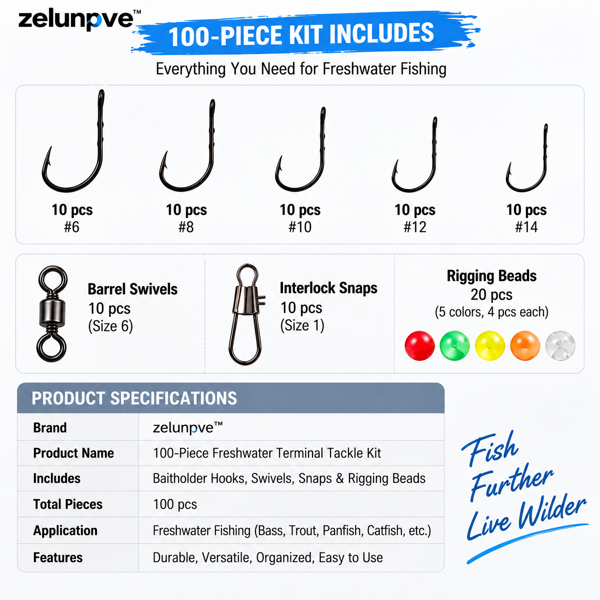 zelunpve™ 100-Piece Freshwater Terminal Tackle Kit, Baitholder Hooks, Swivels, Snaps & Rigging Beads
