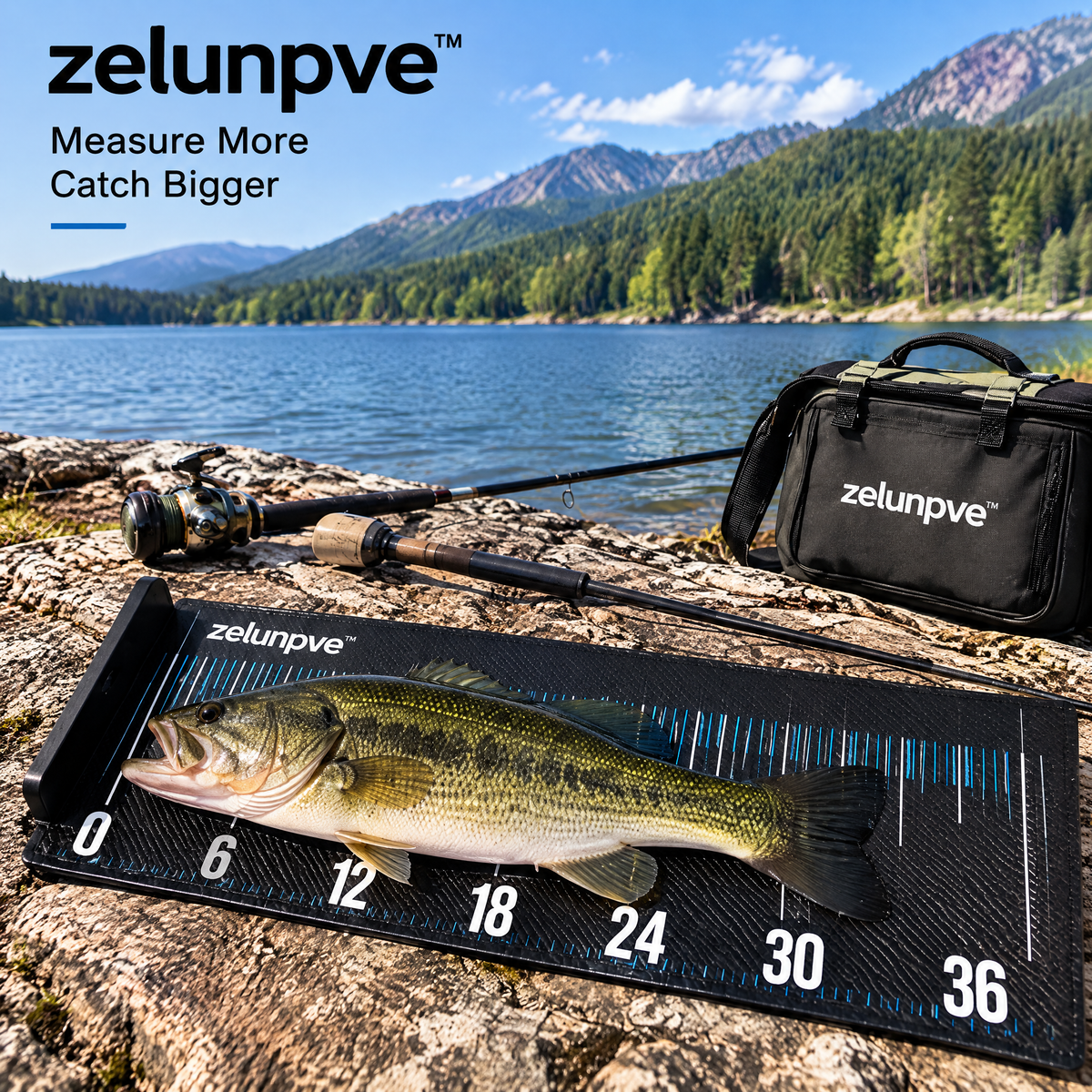 zelunpve™ Fish Measuring Mat, 36-Inch Roll-Up Length Ruler with Raised End Stop & Storage Strap
