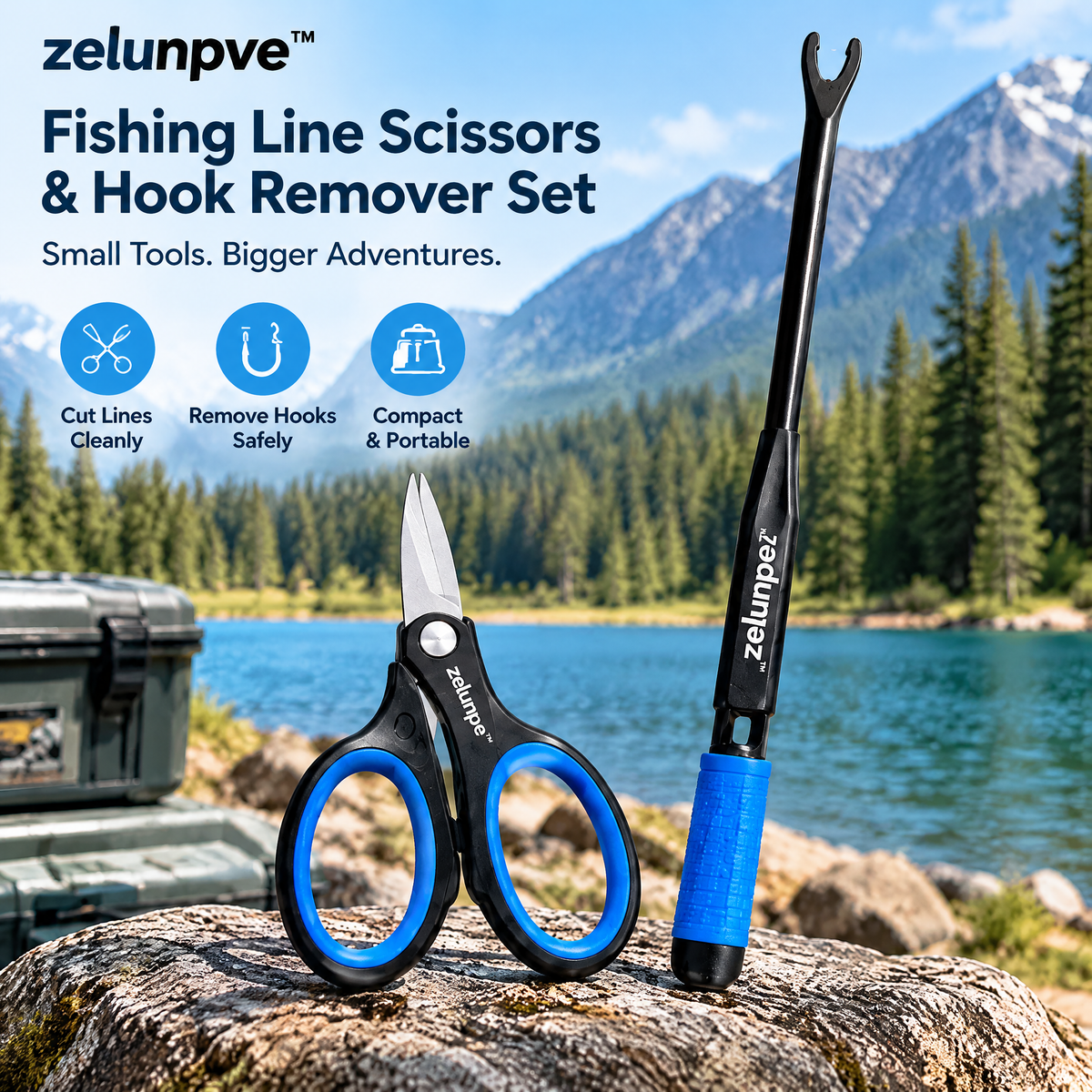 zelunpve™ Fishing Line Scissors & Hook Remover Set, Compact Fishing Line Scissors with 8-Inch Long-Reach Dehooker