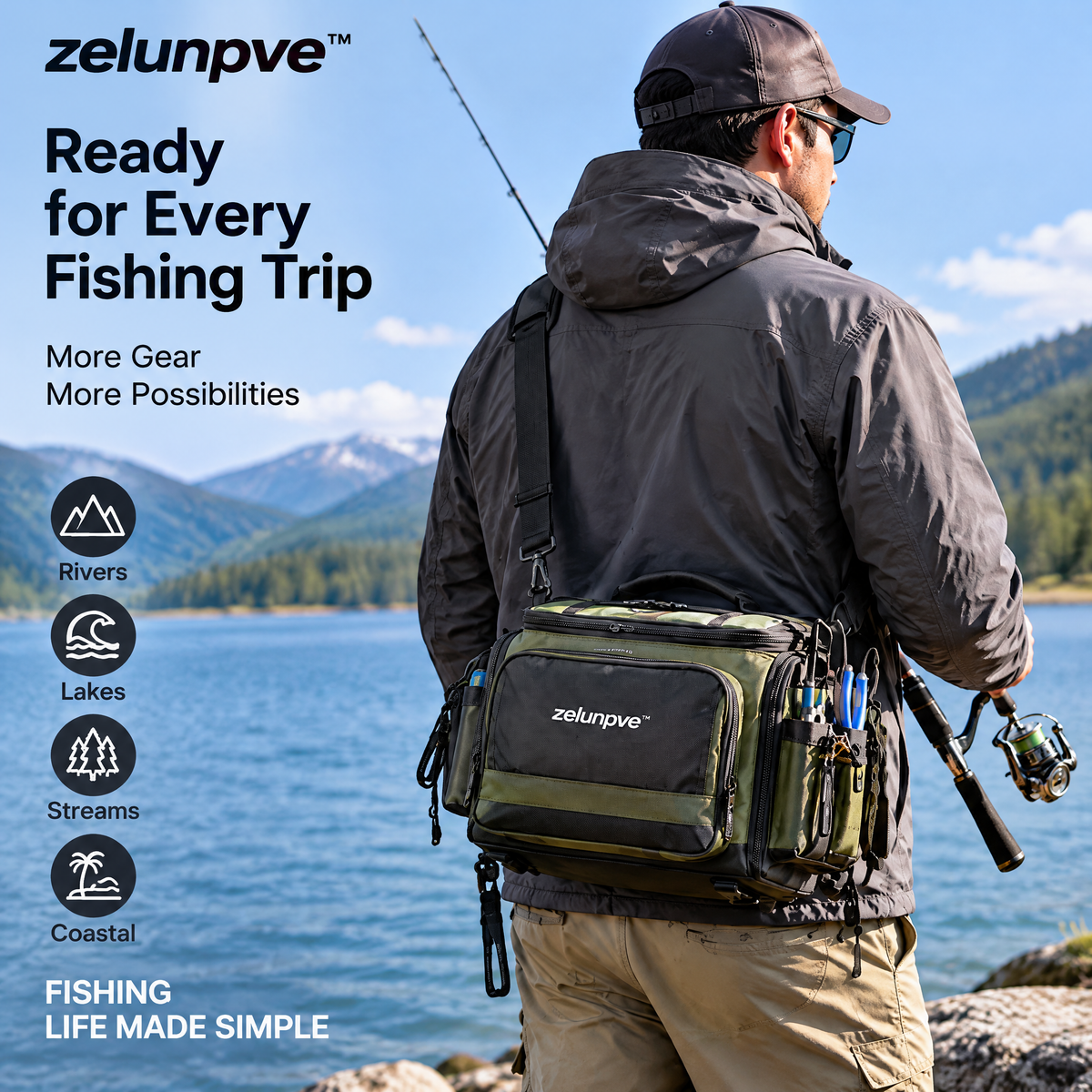 zelunpve™ Compact Fishing Tackle Shoulder Bag, Two Utility Boxes Included, Adjustable Strap & Tool Pockets