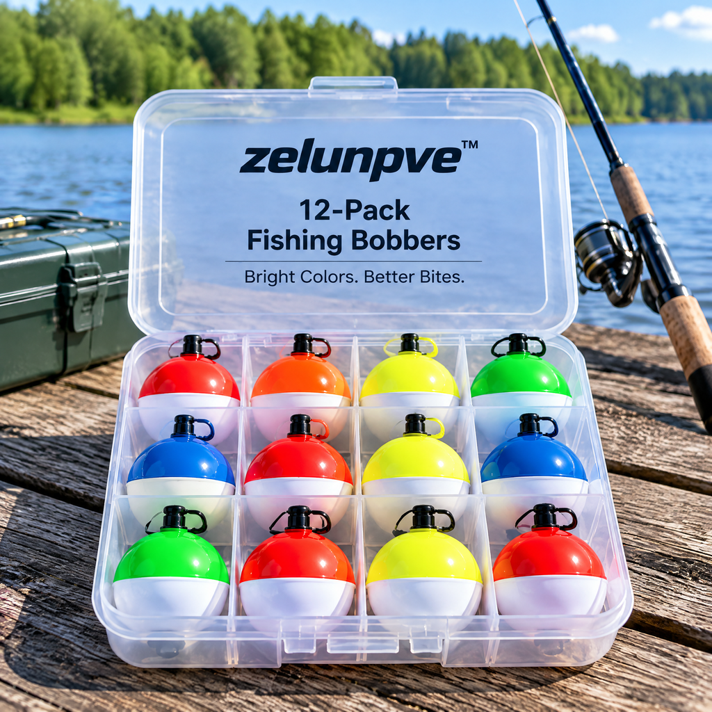 zelunpve™ 12-Pack Spring-Clip Fishing Bobbers, Assorted Round Floats with Split-Color Tops