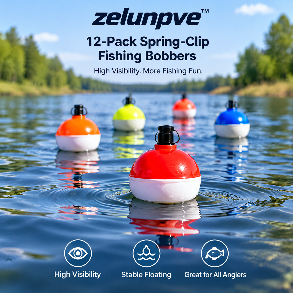 zelunpve™ 12-Pack Spring-Clip Fishing Bobbers, Assorted Round Floats with Split-Color Tops