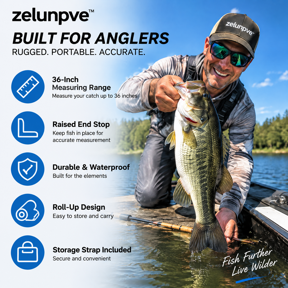 zelunpve™ Fish Measuring Mat, 36-Inch Roll-Up Length Ruler with Raised End Stop & Storage Strap