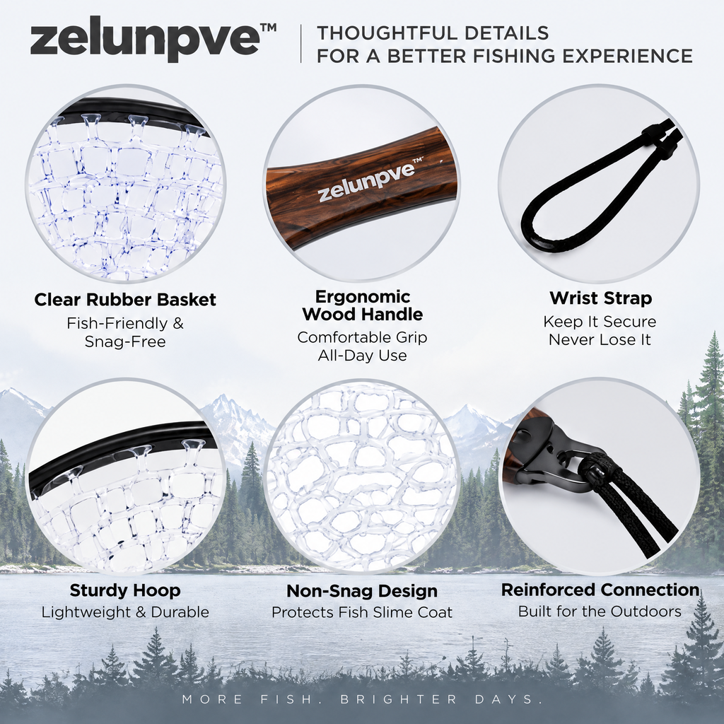 zelunpve™ Short-Handle Trout Landing Net, Clear Rubber Basket with 15 × 11-Inch Hoop & Wrist Strap