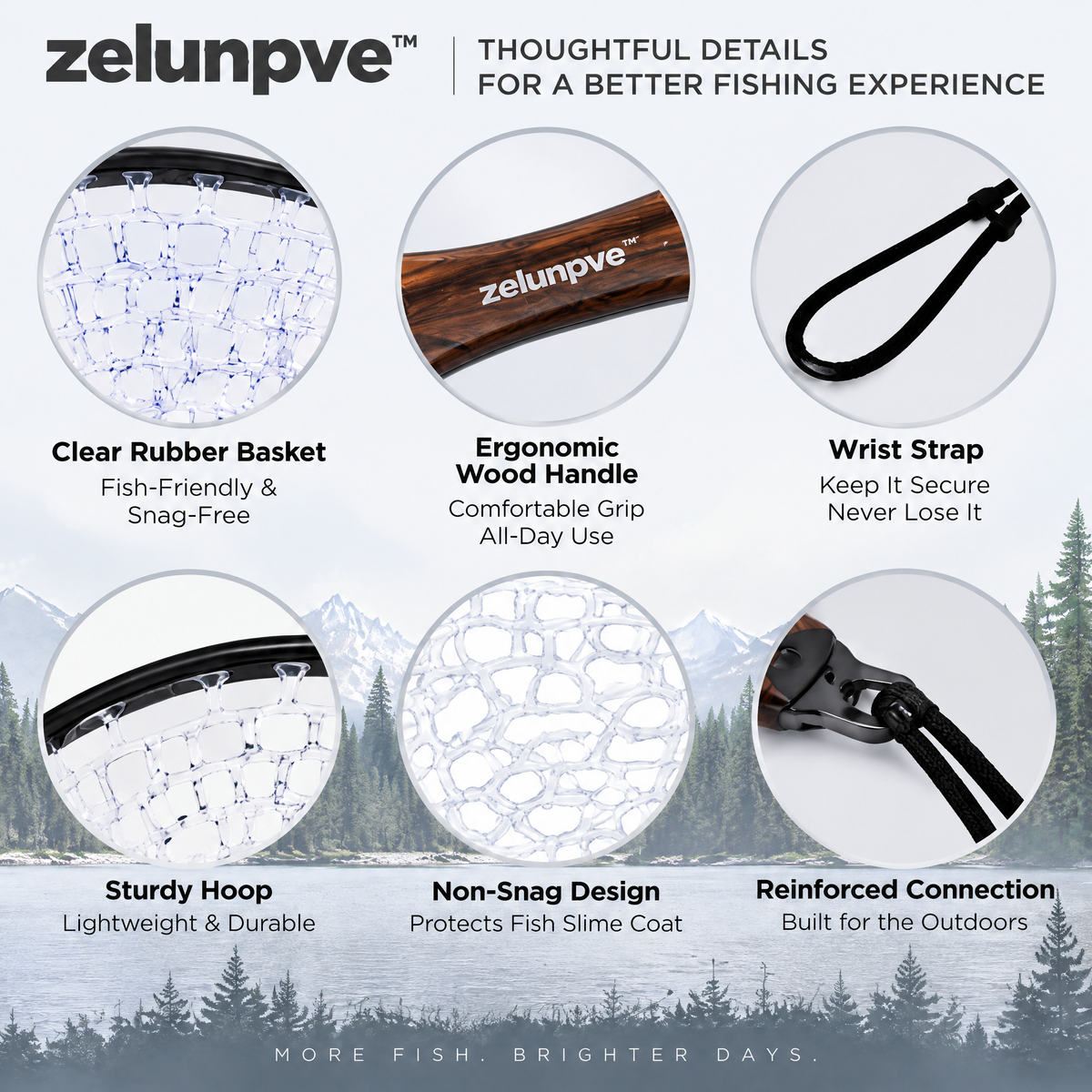 zelunpve™ Short-Handle Trout Landing Net, Clear Rubber Basket with 15 × 11-Inch Hoop & Wrist Strap