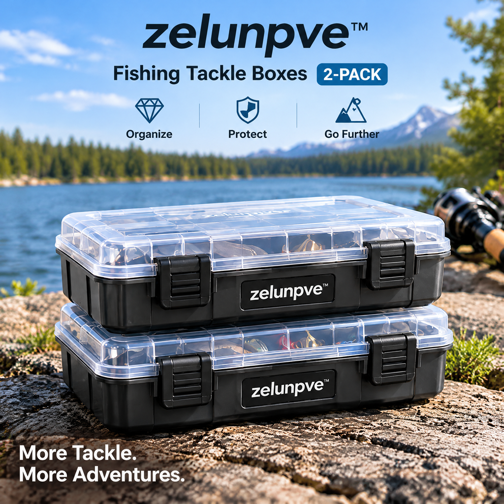 zelunpve™ Adjustable Fishing Tackle Boxes, 2-Pack Utility Organizers with Removable Dividers & Clear Lids