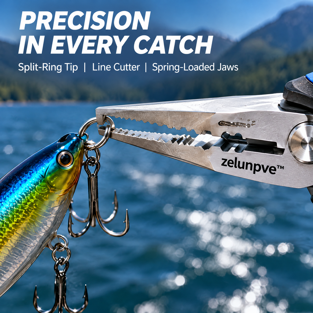 zelunpve™ 7-Inch Fishing Pliers, Split-Ring Tip, Line Cutter & Spring-Loaded Jaws with Sheath and Lanyard