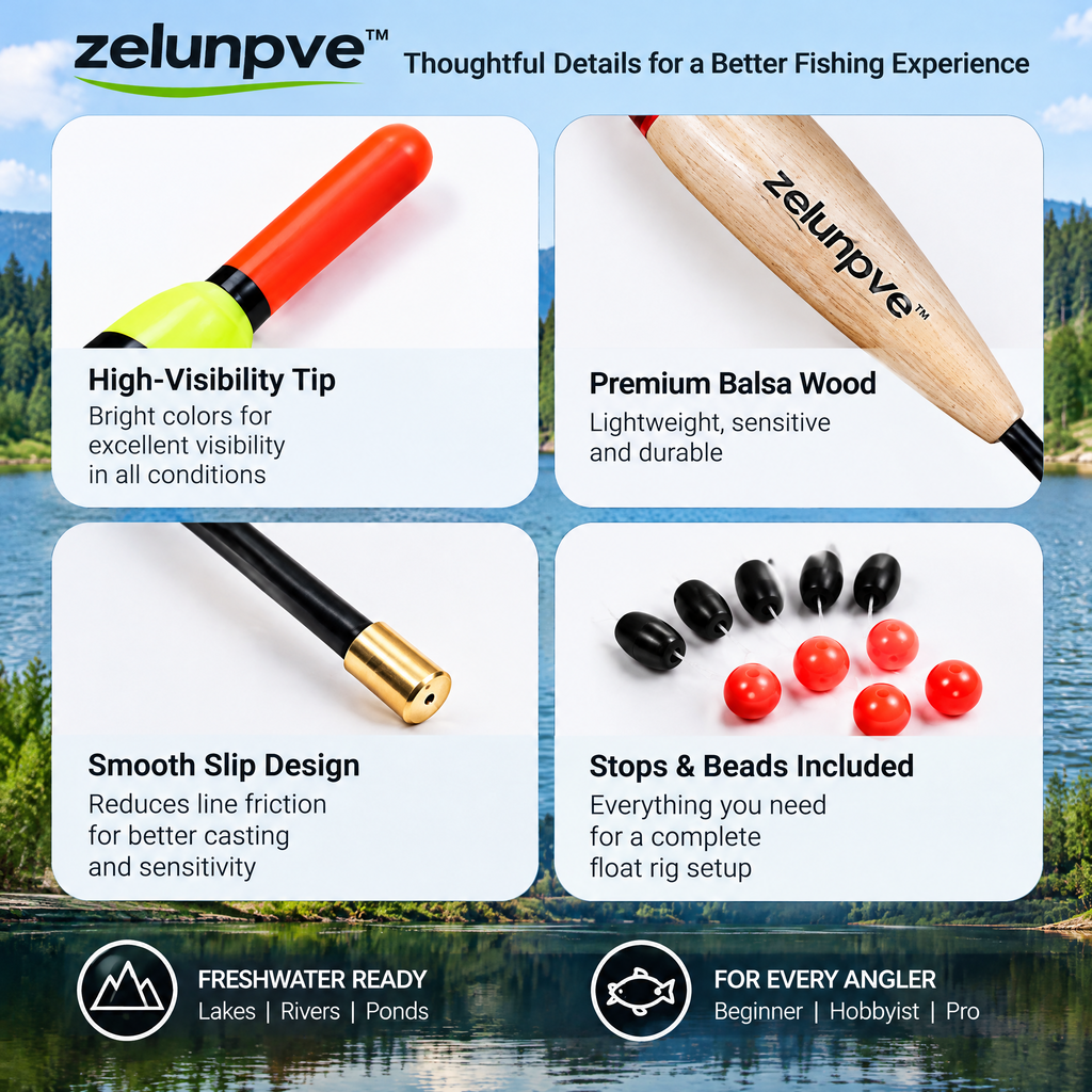 zelunpve™ 6-Pack Slip Fishing Floats, Balsa Bobber Set with Stops & Beads for Freshwater Float Rigs