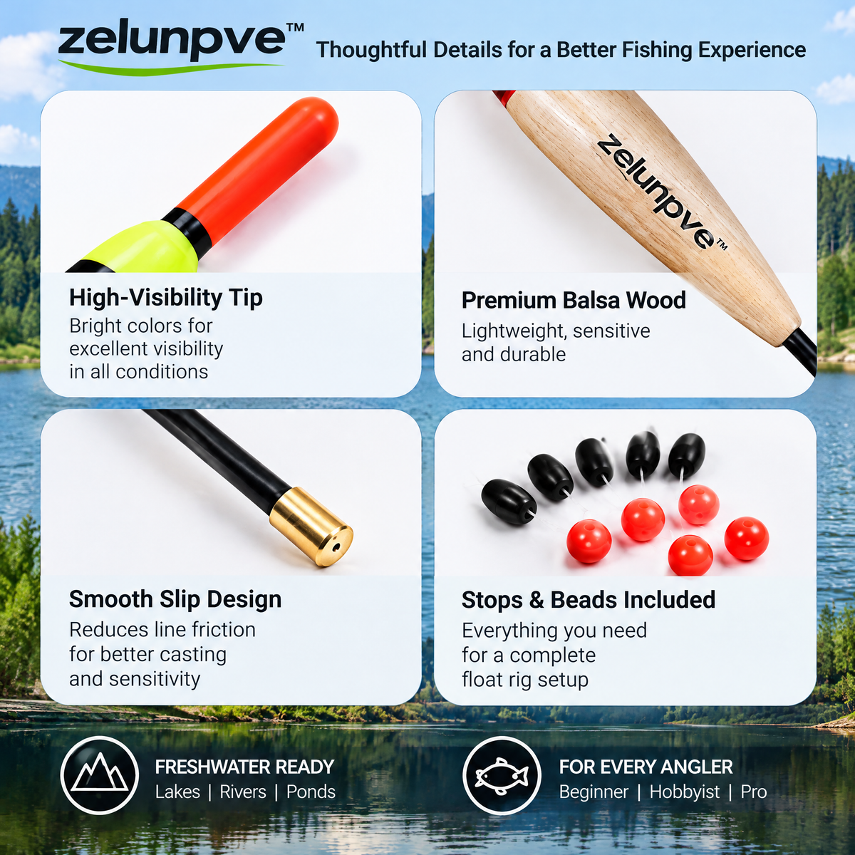 zelunpve™ 6-Pack Slip Fishing Floats, Balsa Bobber Set with Stops & Beads for Freshwater Float Rigs