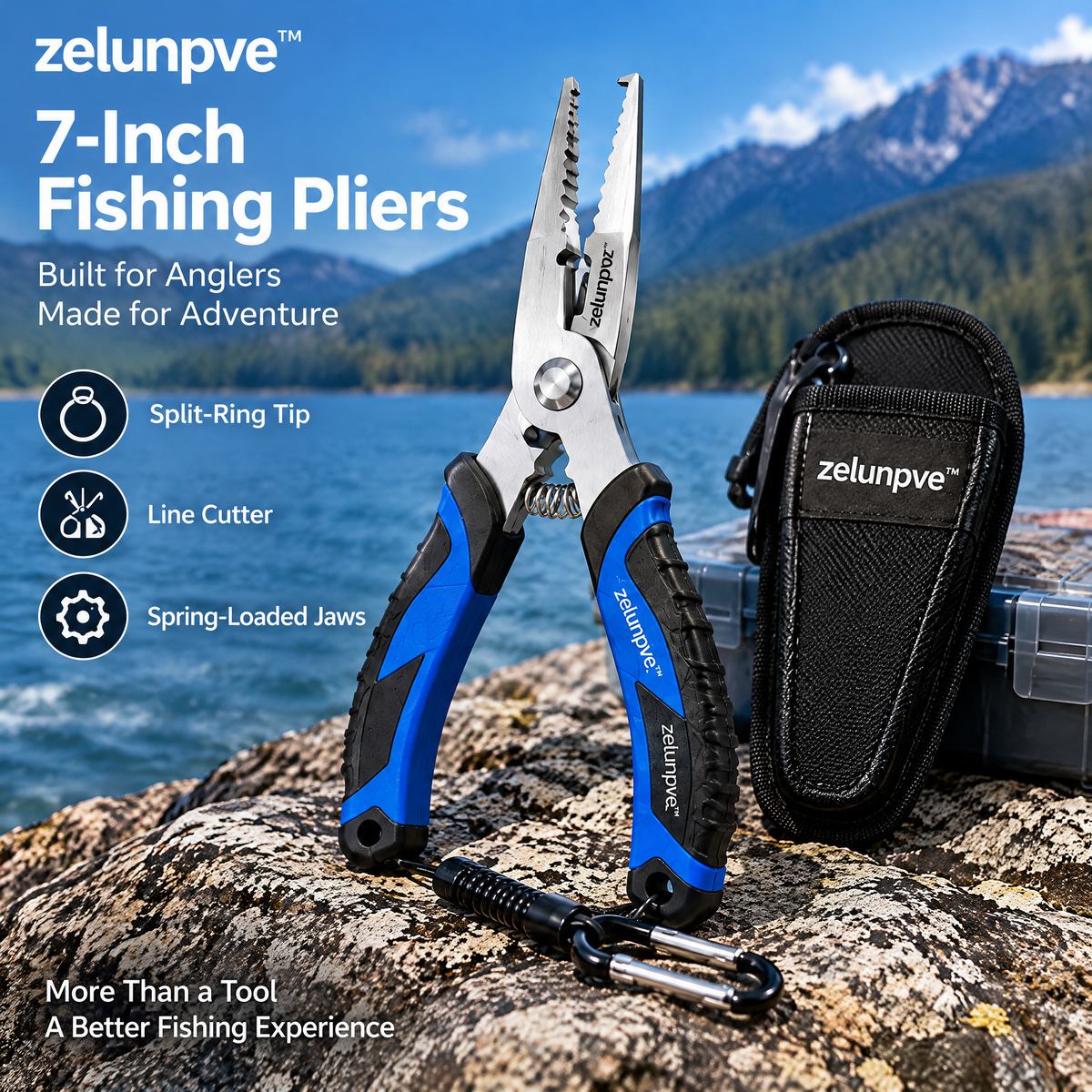 zelunpve™ 7-Inch Fishing Pliers, Split-Ring Tip, Line Cutter & Spring-Loaded Jaws with Sheath and Lanyard