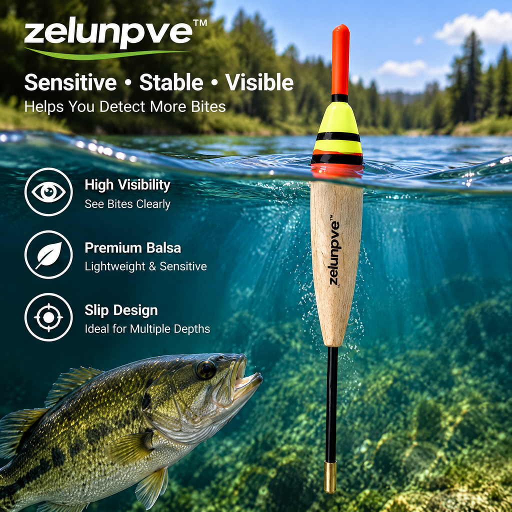 zelunpve™ 6-Pack Slip Fishing Floats, Balsa Bobber Set with Stops & Beads for Freshwater Float Rigs