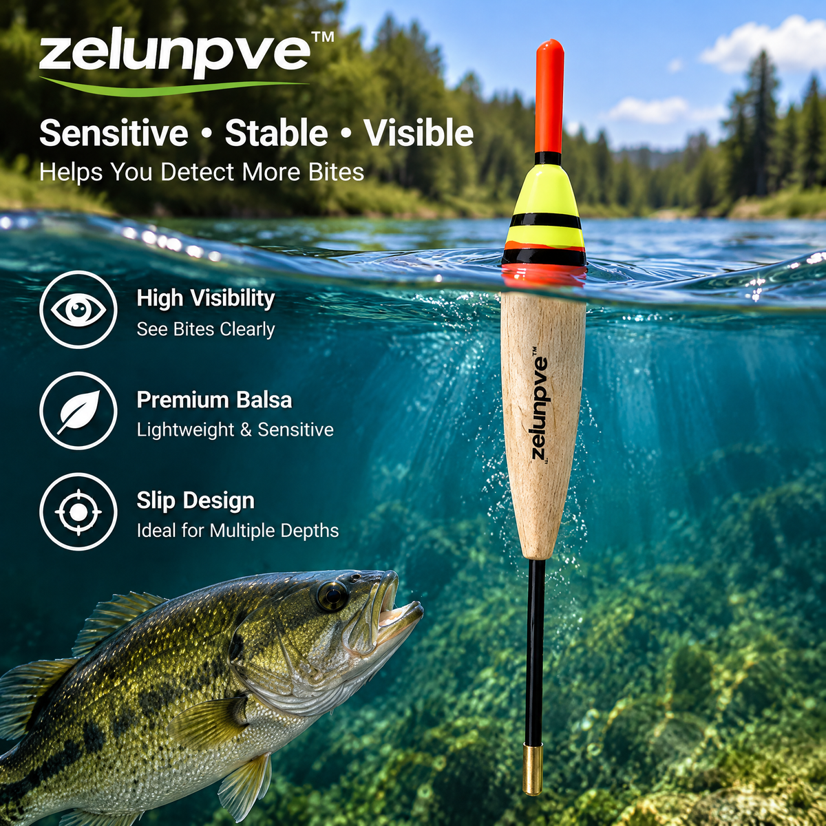 zelunpve™ 6-Pack Slip Fishing Floats, Balsa Bobber Set with Stops & Beads for Freshwater Float Rigs