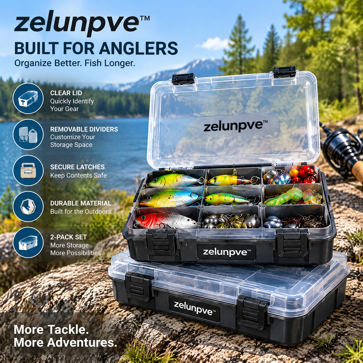 zelunpve™ Adjustable Fishing Tackle Boxes, 2-Pack Utility Organizers with Removable Dividers & Clear Lids