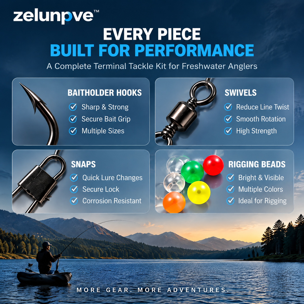 zelunpve™ 100-Piece Freshwater Terminal Tackle Kit, Baitholder Hooks, Swivels, Snaps & Rigging Beads