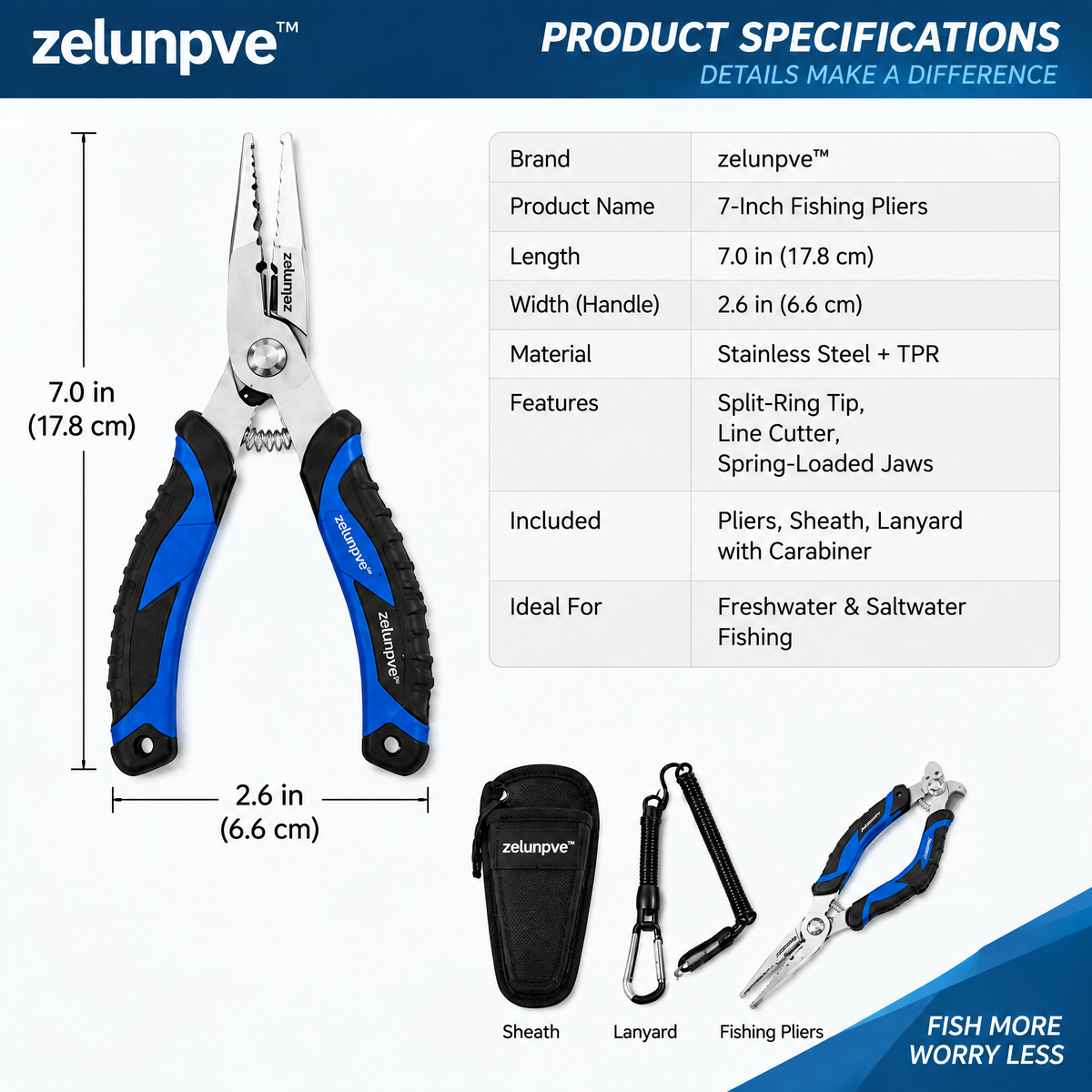 zelunpve™ 7-Inch Fishing Pliers, Split-Ring Tip, Line Cutter & Spring-Loaded Jaws with Sheath and Lanyard