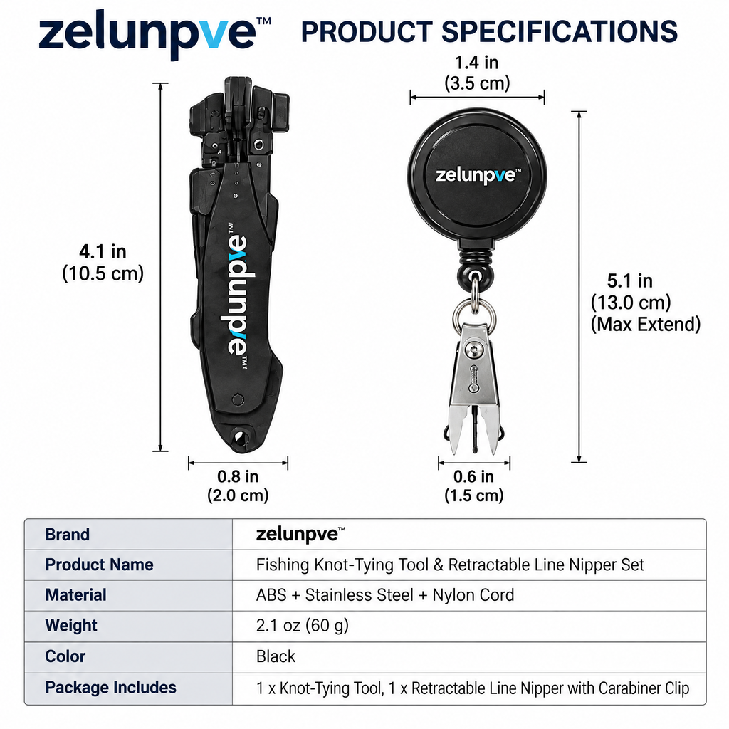 zelunpve™ Fishing Knot-Tying Tool & Retractable Line Nipper Set, Compact Rigging Accessories with Attachment Clip