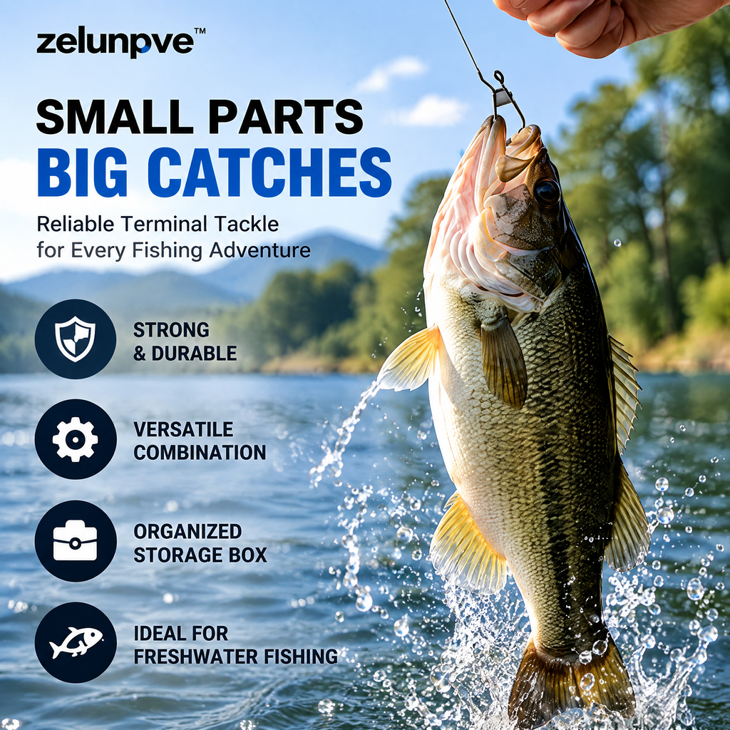 zelunpve™ 100-Piece Freshwater Terminal Tackle Kit, Baitholder Hooks, Swivels, Snaps & Rigging Beads