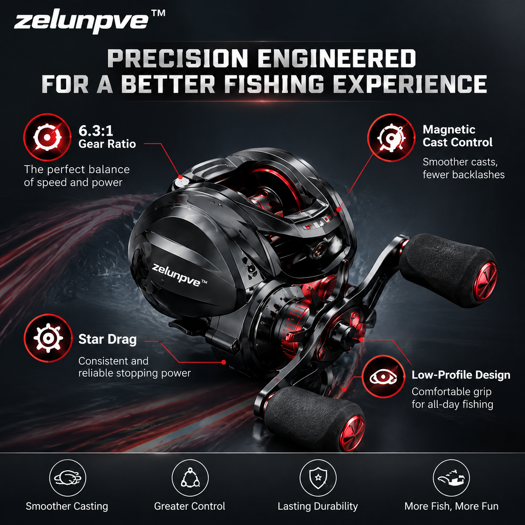 zelunpve™ Low-Profile Baitcasting Reel, 6.3:1 Gear Ratio, Magnetic Cast Control & Star Drag