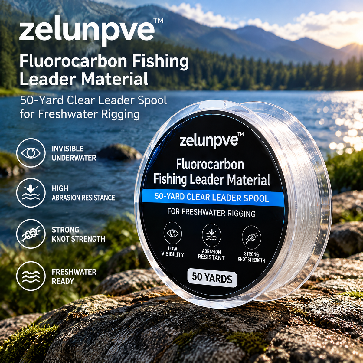 zelunpve™ Fluorocarbon Fishing Leader Material, 50-Yard Clear Leader Spool for Freshwater Rigging