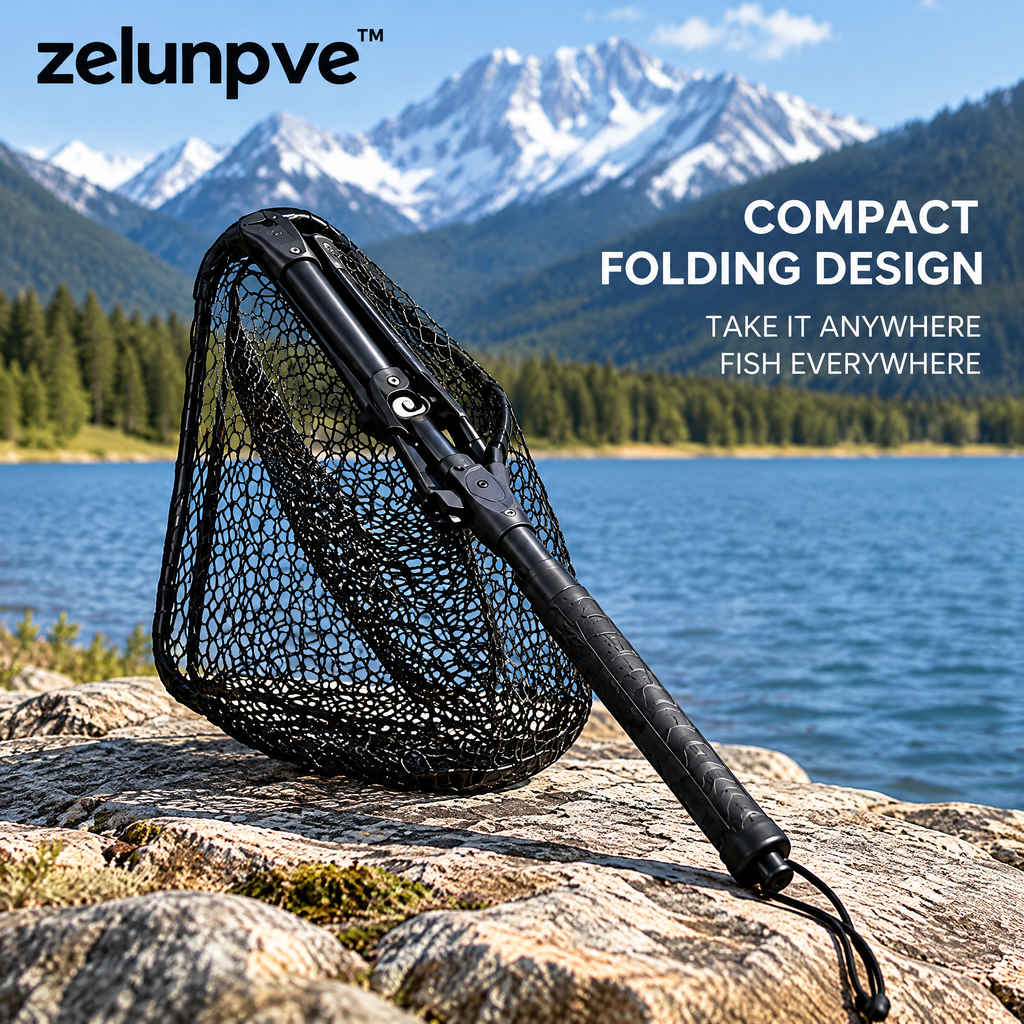 zelunpve™ Folding Telescopic Fishing Landing Net, Rubber-Coated Mesh with 16 × 14-Inch Hoop