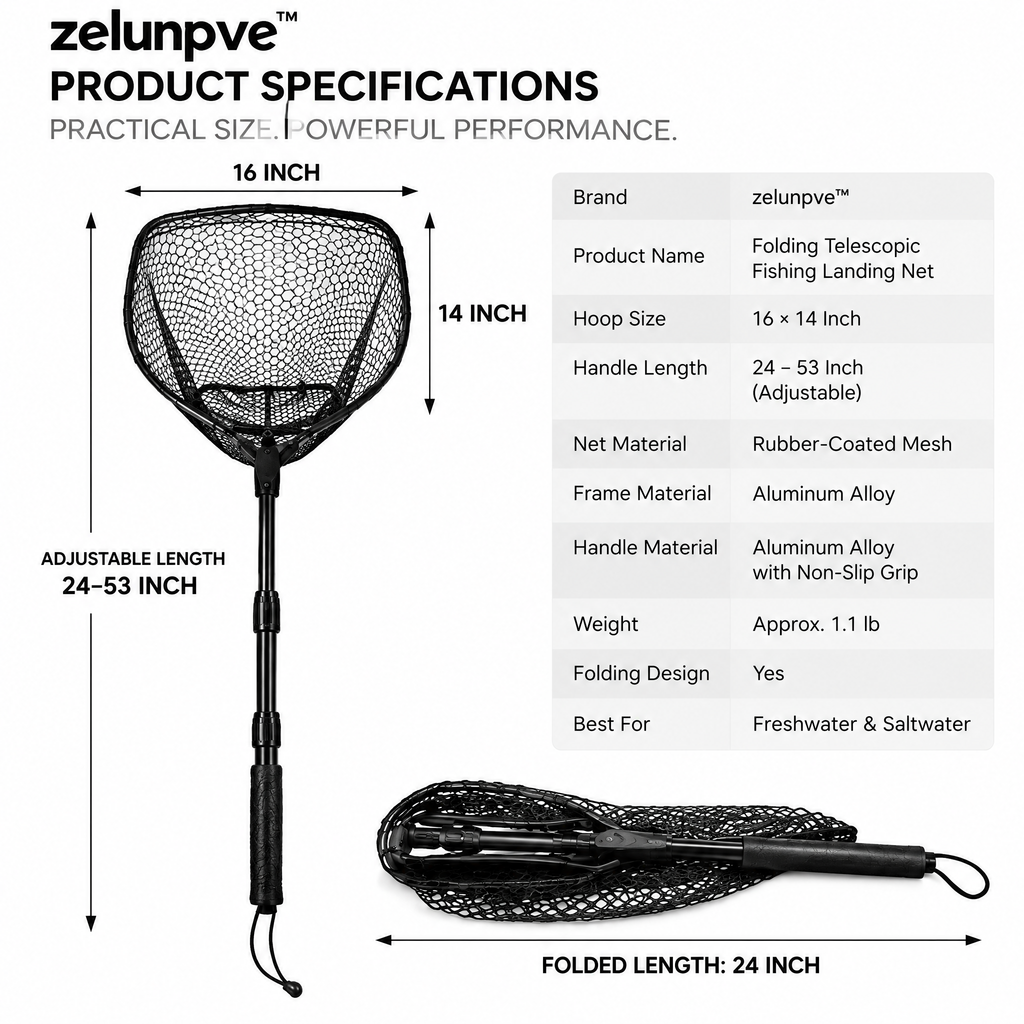 zelunpve™ Folding Telescopic Fishing Landing Net, Rubber-Coated Mesh with 16 × 14-Inch Hoop