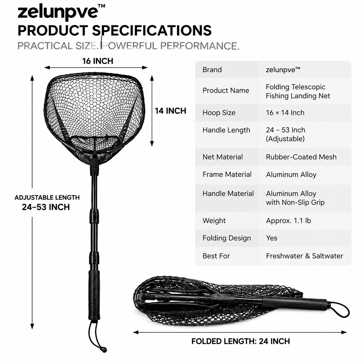zelunpve™ Folding Telescopic Fishing Landing Net, Rubber-Coated Mesh with 16 × 14-Inch Hoop